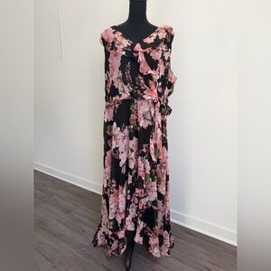 London Times Black and Pink Floral Maxi Dress